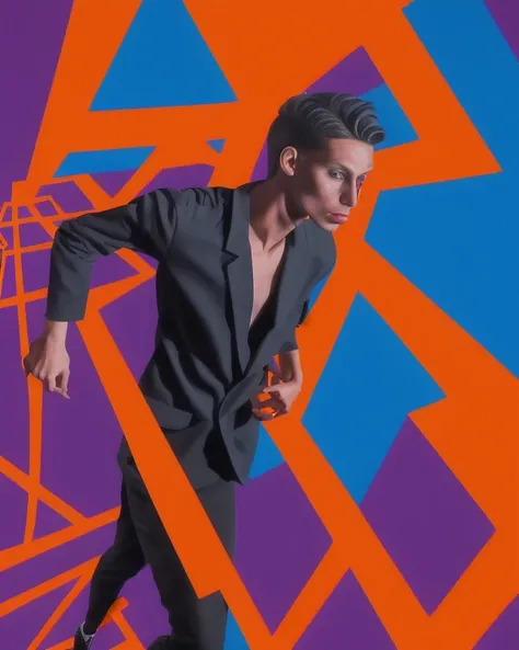a skinny attractive sks man is mutating into an optical illusion, zip zag, busy colors, checkers, mc escher, electricity, black hole, neundies style, bright vivid colors, neons, vapor wave, complimentary colors, red and deep blue colors,  Chromostereopsis, 4k, intricate, face, go pro view, closeup, suspiria, dramatic lighting