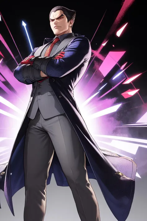 masterpiece, best quality, KazuyaV4, solo, gloves, 1boy, ((necktie, pants, vest, coat)), crossed arms, black background, <lora:KazuyaV4:1>