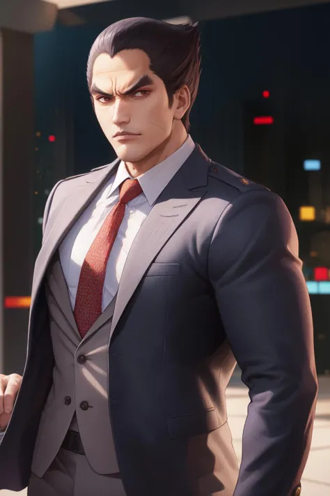 masterpiece, best quality, KazuyaV4, solo, looking at viewer, shirt, 1boy, jacket, white shirt, upper body, necktie, collared shirt, vest, formal, suit, red necktie, <lora:KazuyaV4:1>