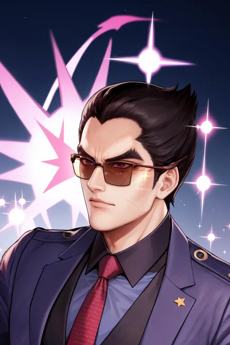 masterpiece, best quality, KazuyaV4, +++, + +, 1boy, black hair, demon wings, diffraction spikes, eyewear removed, formal, glasses, glint, gradient, gradient background, holding, holding eyewear, male focus, necktie, sparkle, sparkle background, sparkling eyes, star \(symbol\), suit, sunglasses, <lora:KazuyaV4:1>