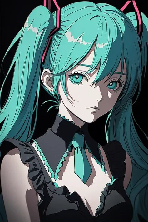 Miku hatsune as alice in wonderland, dark gothic neon color style fine art, soft colors, black outline style, very detailed Cel-Shaded With shaded detail's, soft shadows, illustration, detailed