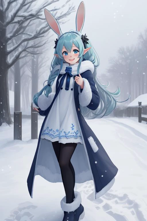 Bunny Small eared elf Miku in white winter dress with dark blue over coat that is open, black tights, standing in snow, large snow flakes, smiling, long braided hair