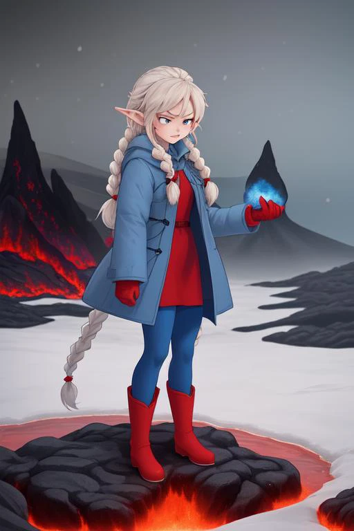 Chibi Small eared elf Fire-Elsa in red winter dress with light-blue over coat that is open, blue tights, red boots, standing near a Glowing lava flow in Iceland, large flakes of ash and snow, angry, long braided hair