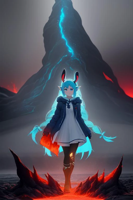 Bunny Small eared elf Miku in white winter dress with dark blue over coat that is open, black tights, red boots, standing near a Glowing lava flow in Iceland, large flakes of ash, scared, long braided hair, epic detail, concept art, cinematic lighting, dynamic shadows, (unreal render:.5), 2.5D resolution, bright vivid colors, minimal lens flare and glare