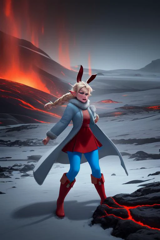 Bunny Small eared elf Fire-Elsa in red winter dress  with light-blue over coat that is open, blue tights, red boots, standing near a  Glowing lava flow in Iceland, large flakes of ash and snow, angry, long braided hair, epic detail, concept art, cinematic lighting, dynamic shadows, (unreal render:.5), 2.5D resolution, bright vivid colors, minimal lens flare and glare