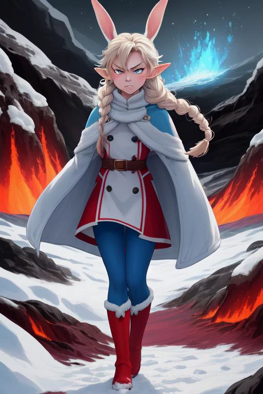 Bunny Small eared elf Fire-Elsa in red winter dress with light-blue over coat that is open, blue tights, red boots, standing near a Glowing lava flow in Iceland, large flakes of ash and snow, angry, long braided hair