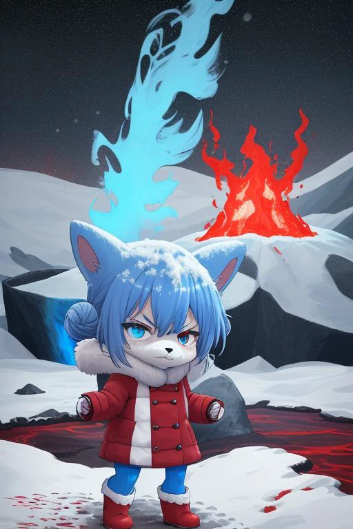 Chibi Anthromorphic Furry bunny, Red and blue Fire-bun bun in red winter dress with light-blue over coat that is open, blue tights, red boots, standing near a Glowing lava flow in Iceland, large flakes of ash and snow, angry, long Red-blue hair