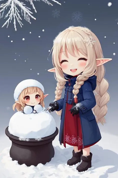 Chibi rabbit elf girl in  Red winter dress  with dark blue over coat that is open standing in snow, large snow flakes, smiling, long braided blond hair