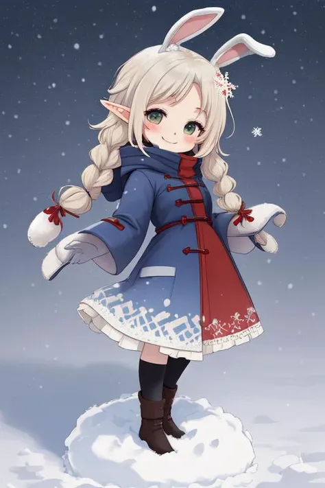 Chibi rabbit elf girl in  Red winter dress  with dark blue over coat that is open standing in snow, large snow flakes, smiling, long braided blond hair