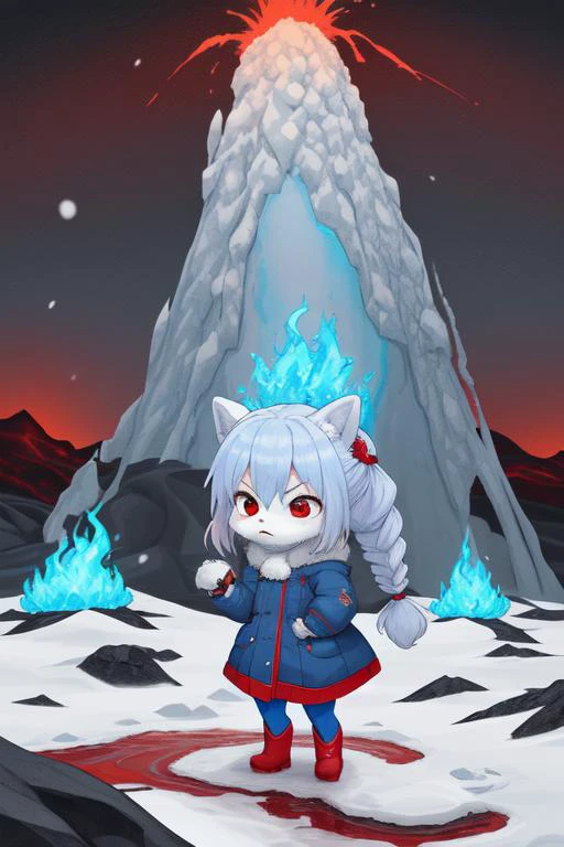 Chibi Anthromorphic Furry bunny, Red and blue Fire-bun bun in red winter dress with light-blue over coat that is open, blue tights, red boots, standing near a Glowing lava flow in Iceland, large flakes of ash and snow, angry, long braided hair