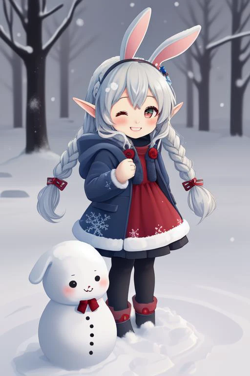 Chibi Bunny Small eared elf Miku in Red winter dress with dark blue over coat that is open standing in snow, large snow flakes, smiling, long braided blond hair