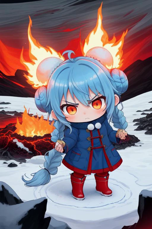 Chibi Anthromorphic  Red and blue Bunny Fire-bun bun in red winter dress  with light-blue over coat that is open, blue tights, red boots, standing near a  Glowing lava flow in Iceland, large flakes of ash and snow, angry, long braided hair