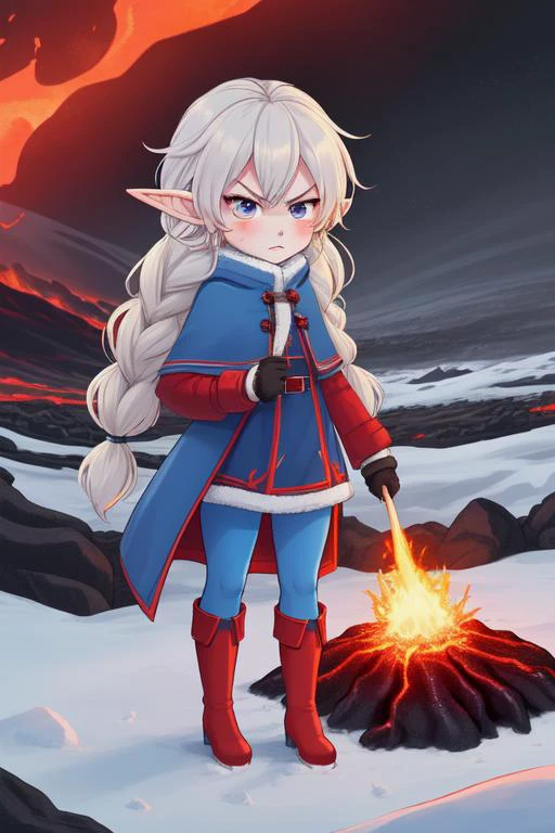 Anthro Red and blue Bunny, Chibi Small eared elf Fire-Elsa in red winter dress with light-blue over coat that is open, blue tights, red boots, standing near a Glowing lava flow in Iceland, large flakes of ash and snow, angry, long braided hair