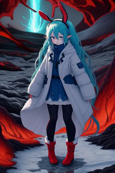 Bunny Small eared elf Miku in white winter dress  with dark blue over coat that is open, black tights, red boots, standing near a  Glowing lava flow in Iceland, large flakes of ash, scared, long braided hair