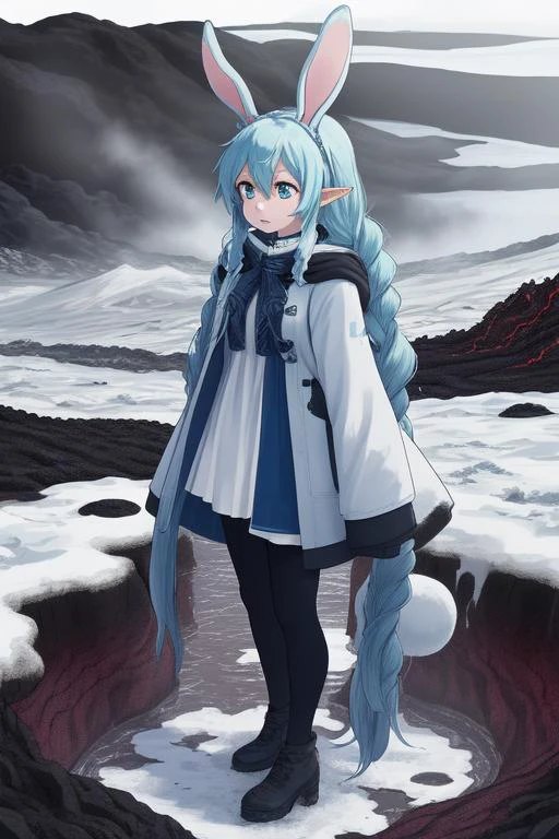 Bunny Small eared elf Miku in white winter dress with dark blue over coat that is open, black tights, standing near a lava flow in iceland, large flakes of ash, scared, long braided hair