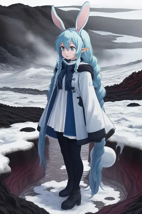 Bunny Small eared elf Miku in white winter dress with dark blue over coat that is open, black tights, standing near a lava flow in iceland, large flakes of ash, scared, long braided hair