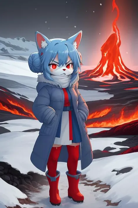 Chibi Anthromorphic Furry bunny Girl, Red and blue Fire-bun bun in red winter dress  with light-blue over coat that is open, blue tights, red boots, standing near a  Glowing lava flow in Iceland, large flakes of ash and snow, angry, long Red-blue hair