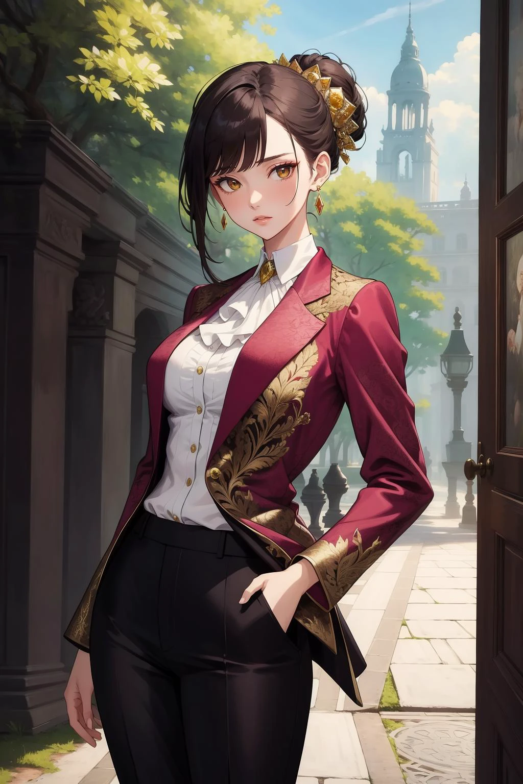 (masterpiece, best quality:1.2), 1girl, medium breasts, Brocade blazer, silk blouse, velvet pants, crystal earrings, solo, outdoors, illustration, official art,