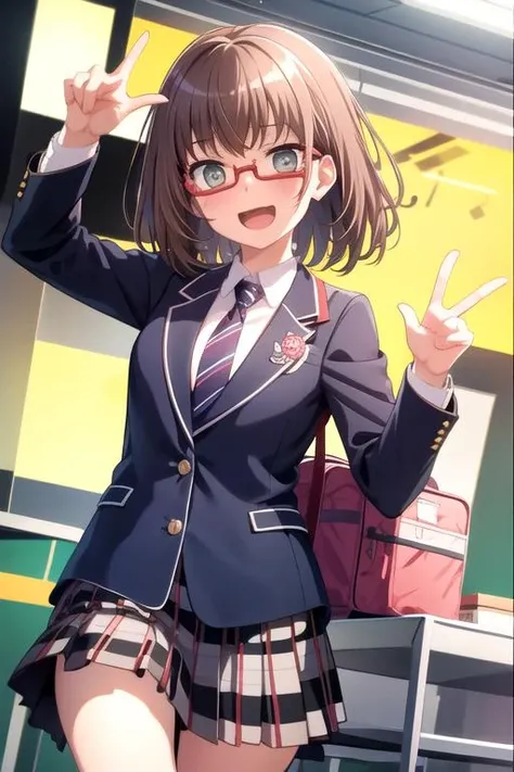<lora:MayaYamato-03:0.7>,huhehe, 1girl, solo, looking at viewer, blush, smile, open mouth, skirt,brown hair, shirt, long sleeves, school uniform, green eyes, jacket, white shirt, :d, sweat, pleated skirt, necktie, glasses, striped, collared shirt, medium hair, bag, sweatdrop, v-shaped eyebrows, plaid, plaid skirt, blazer, outstretched arm, semi-rimless eyewear, red-framed eyewear, school bag, under-rim eyewear, brown skirt, @_@, grey jacket, striped necktie, diagonal-striped necktie