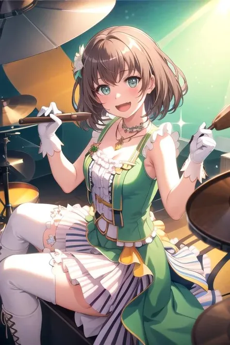 <lora:MayaYamato-03:0.7>,huhehe, 1girl, solo, looking at viewer, blush, smile, open mouth, skirt, brown hair, hair ornament, gloves, dress, holding, jewelry, sitting, green eyes, flower, :d, heart, boots, frills, sleeveless, white gloves, hair flower, medium hair, necklace, white footwear, knee boots, white flower, instrument, green dress, idol, drum, stage, drumsticks, drum set