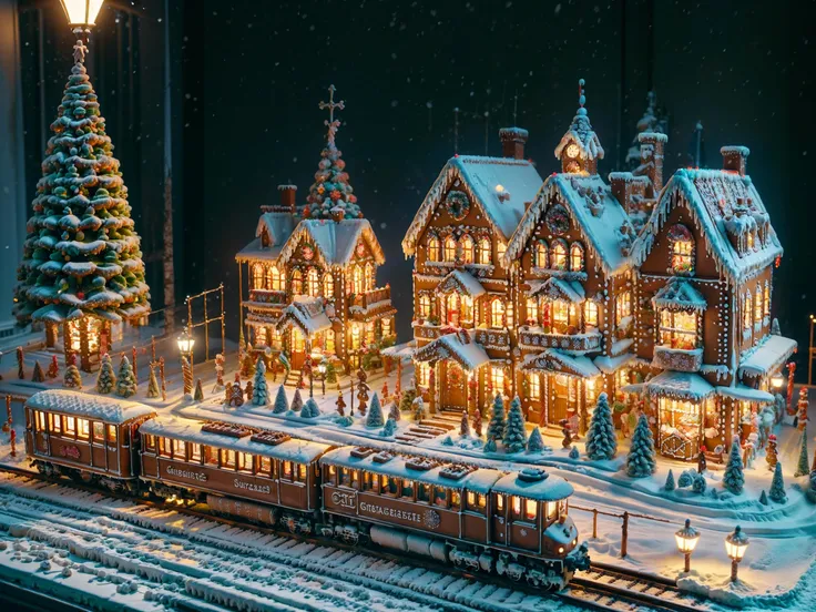 Gingerbread World,(city:1.2),in winter,(snowing:1.2),tracked train,icing,<lora:20231101-1698845123242:0.8>,<lora:add_detail:0.8>,, (((masterpiece))), (((best quality))), ((ultra-detailed))