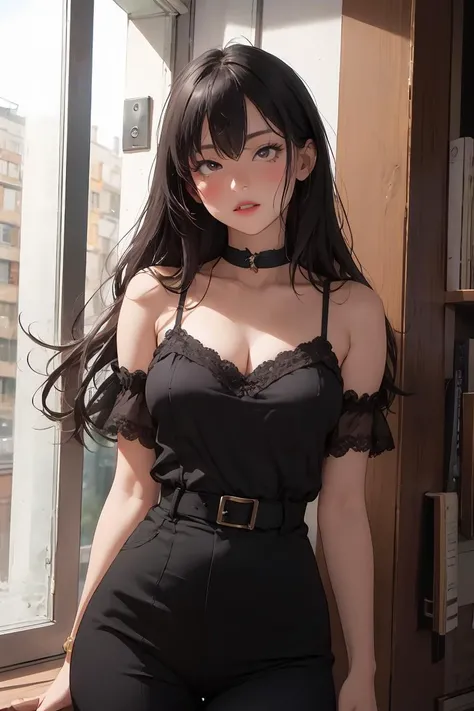 Chica anime ((junkotvv pelo negro, flequillo, orejas de gato, ojos rojos)), con cabello negro y vestido negro tirada en el suelo junto a un libro abierto, un dibujo anime de Shitao, pixiv, fantasy art, mejor valorados en pixiv, en pixiv, vtuber, hermosa chica anime,jack-o', agachado, chica anime seductora, the anime girl is crouching,