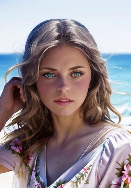 <lora:lndswgnr_1974-1977_v1.0:1> lndswgnr, (Sharp focus: 1.5), (sharp focus:1.2), portrait, attractive young woman, (beautiful face:1.1), detailed eyes, luscious lips, (eye makeup:1.2), (tight body:1.2), wearing (flowery dress:1.2) at (the beach:1.2). (morning sun lighting:1.2), depth of field, bokeh, 4K, HDR. by (James C. Christensen:1.2|Jeremy Lipking:1.1).