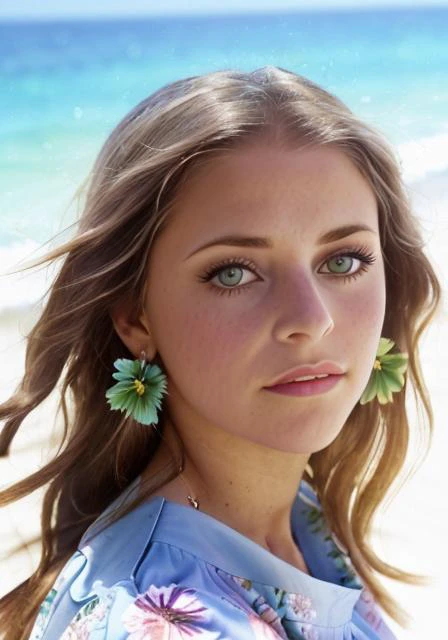 <lora:lndswgnr_1974-1977_v1.0:1> lndswgnr, (Sharp focus: 1.5), (sharp focus:1.2), portrait, attractive young woman, (beautiful face:1.1), detailed eyes, luscious lips, (eye makeup:1.2), (tight body:1.2), wearing (flowery dress:1.2) at (the beach:1.2). (morning sun lighting:1.2), depth of field, bokeh, 4K, HDR. by (James C. Christensen:1.2|Jeremy Lipking:1.1).