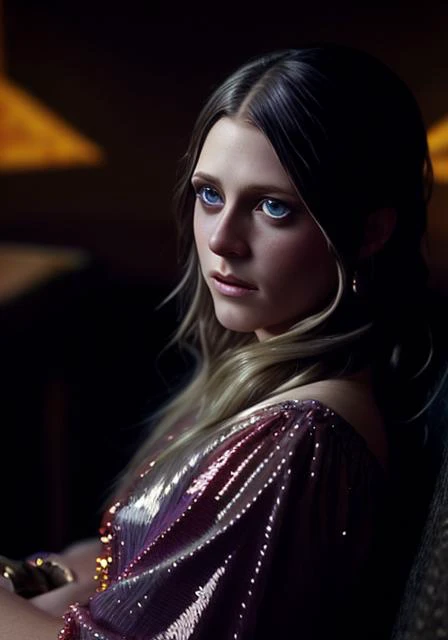 <lora:lndswgnr_1974-1977_v1.0:1> lndswgnr, (Sharp focus: 1.5), (sharp focus:1.2), photo, attractive young woman, (beautiful face:1.1), detailed eyes, luscious lips, (natural makeup:0.85), (medium breasts:1.0), (petite body:1.2), wearing (sequin dress:1.2) in a (nightclub:1.2). (moody lighting:1.2), depth of field, bokeh, 4K, HDR. by (James C. Christensen:1.2|Jeremy Lipking:1.1).