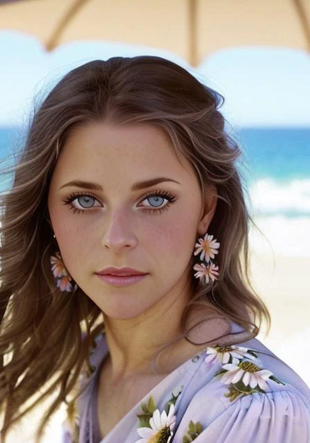 <lora:lndswgnr_1974-1977_v1.0:1> lndswgnr, (Sharp focus: 1.5), (sharp focus:1.2), portrait, attractive young woman, (beautiful face:1.1), detailed eyes, luscious lips, (eye makeup:1.2), (tight body:1.2), wearing (flowery dress:1.2) at (the beach:1.2). (morning sun lighting:1.2), depth of field, bokeh, 4K, HDR. by (James C. Christensen:1.2|Jeremy Lipking:1.1).