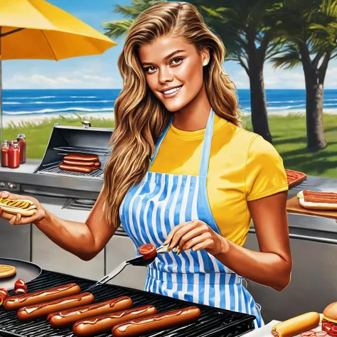 Nina Agdal grilling burgers and hotdogs, happy, apron, detailed skin, [photo:illustrated:0.4] <lora:ninaagdal_SDXL:0.75>