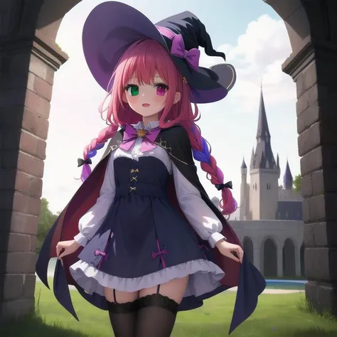 masterpiece, highres, 1girl, witch, witch hat, wide forehead, magical girl, ultra deteiled lace cloth frills, ruins, multicolored hair, Heterochromia, magic stave, staff, cape, {{braid}},