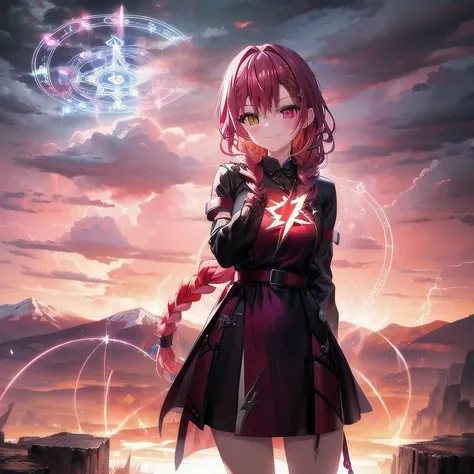 lightning strike, red lightning, 1girl, multicolored hair, evil smirk, lightning, clouds, cloudy, mountain, dark skies, dark, magic, magic circle, heterochromia, (braid:1.2) <lora:magic circle:0.7>, cowboy shot,