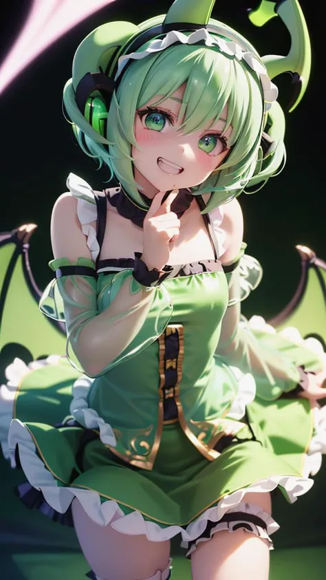 one cute girl,solo,short stature,(green eyes,green hair,medium short hair),Hair bounced to the side,hair intake,hair between eyes,beautiful chest,flat chest,
((green one-piece dress,green long skirt,hairband,frills,wing,demon horns)),
((from above,skirt lift)),
(smile,abandonment face,grin,delighted:1.1,open mouth),cinematic lighting,(shiny skin),high resolution,
(night bedroom background),sense of depth,4k,absurdres,dynamic pose,dynamic angle,best quality,masterpiece,Detailed illustration,Destructive art,opulent,  <lora:PADastaroth:0.8>