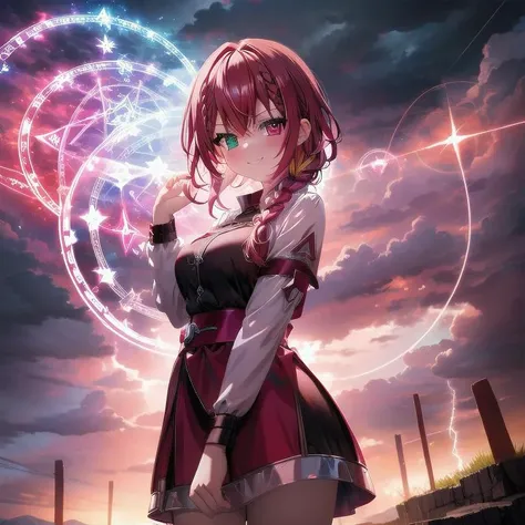 lightning strike, red lightning, 1girl, multicolored hair, evil smirk, lightning, clouds, cloudy, mountain, dark skies, dark, magic, magic circle, heterochromia, (braid:1.2) <lora:magic circle:0.7>, cowboy shot,