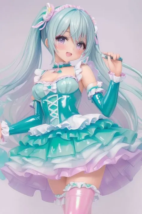 (pastel theme:1.3), masterpiece, best quality, professional detailed photo of (beautiful woman) wearing (pastel latex sweet Rococo dress, multilayered dress:1.2), (extremely wrinkled glossy latex fabric:1.3), (perfect face, beautiful face, symmetric face), (lipstick, eyeshadow, mascara), (frills and lace:1.1), (pastel stockings:1.1),