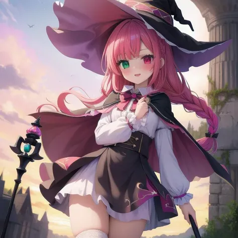 masterpiece, highres, 1girl, witch, witch hat, wide forehead, magical girl, ultra deteiled lace cloth frills, ruins, multicolored hair, Heterochromia, magic stave, staff, cape, {{braid}},