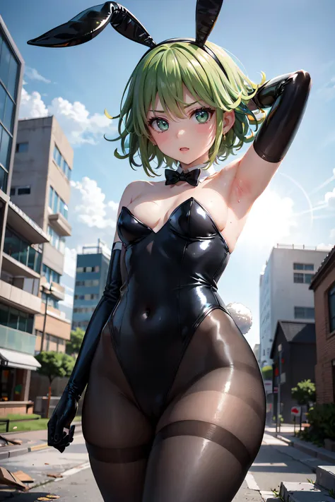 masterpiece, best quality, shiny skin, 1girl, masterpiece, best quality, cinematic lighting, small breasts, thick thighs, toned, one-punch man, tatsumaki, green hair, flipped hair, solo, playboy bunny, bunny hairband, elbow gloves, black pantyhose, city, ruins, debris, from below, sunlight, pov, close-up