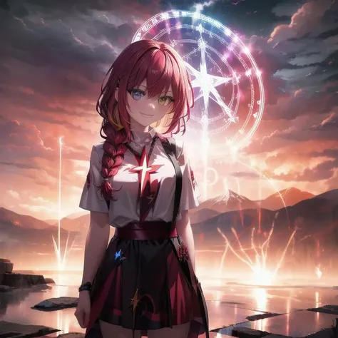 lightning strike, red lightning, 1girl, multicolored hair, evil smirk, lightning, clouds, cloudy, mountain, dark skies, dark, magic, magic circle, heterochromia, (braid:1.2) <lora:magic circle:0.7>, cowboy shot,