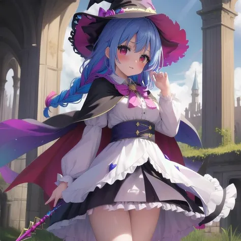 masterpiece, highres, 1girl, witch, witch hat, wide forehead, magical girl, ultra deteiled lace cloth frills, ruins, multicolored hair, Heterochromia, magic stave, staff, cape, {{braid}},