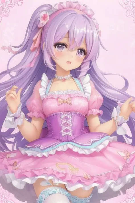 (pastel theme:1.3), masterpiece, best quality, professional detailed photo of (beautiful woman) wearing (pastel sweet Rococo dress, multilayered dress:1.2), (extremely wrinkled glossy fabric:1.3), (perfect face, beautiful face, symmetric face), (lipstick, eyeshadow, mascara), (frills and lace:1.1), (pastel stockings:1.1),