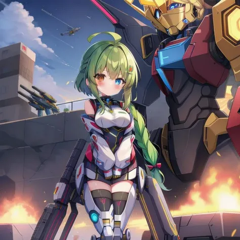 <lora:mecha_girls:1>, masterpiece, highres, 1girl, robot, mecha, science fiction, mechanization, autobot, glowing, pilot suit, weapon, gun, full body, chibi inset, wholesome, family friendly, (braid:1.3), short hair, mecha musume,