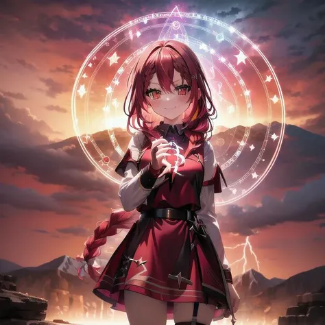 lightning strike, red lightning, 1girl, multicolored hair, evil smirk, lightning, clouds, cloudy, mountain, dark skies, dark, magic, magic circle, heterochromia, (braid:1.2) <lora:magic circle:0.7>, cowboy shot,