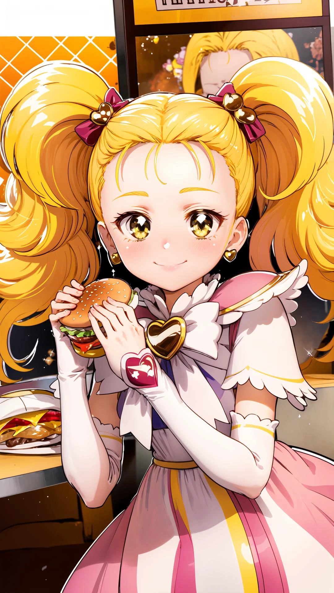 masterpiece, best quality, perfect anatomy,
<lora:shiny_luminaus:0.9> Shiny, 1girl, solo, blonde hair, long hair, twin tails, heart brooch, jewelry, magical girl, dress, knee boots
upper body, smile, face focus, (zoom layer), joy full, happy,
<lora:×add_detail:0.5>
<lora:borger-nvwls-v4:0.75> two-handed burger
fast food, restaurant, booth seating, burger, eating,