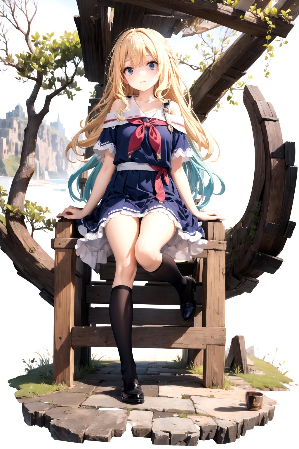 Anime girl sitting on a bench with a big tree in the background - SeaArt AI