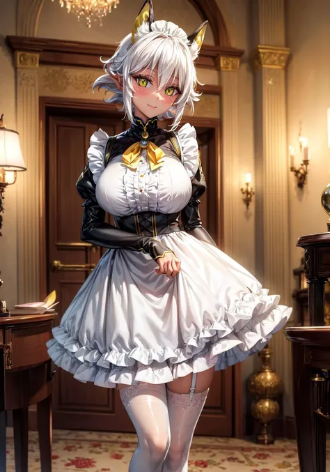 masterpiece,best quality,high resolution,detailed face and eyes,zest1,smile,female focus,maid,standing,yellow eyes,mansion,standing,looking at viewer,<lora:zest-000003:0.8>,<lora:add_detail:1>,