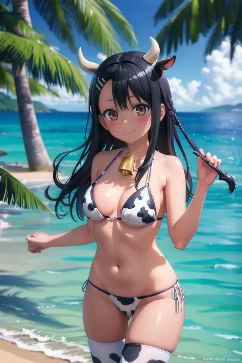 Anime babe with long drown black hair blue eyes cosplay cow
