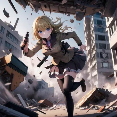 masterpiece, best, quality, ultra detail, evil smile, holding gun, 1girl, debris, fleeing, collapse, (outdoors, looking at viewer:1.10), running, building, chair, desk, <lora:escapeSchool:0.6>.close up