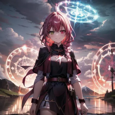 lightning strike, red lightning, 1girl, multicolored hair, evil smirk, lightning, clouds, cloudy, mountain, dark skies, dark, magic, magic circle, heterochromia, (braid:1.2) <lora:magic circle:0.7>, cowboy shot,