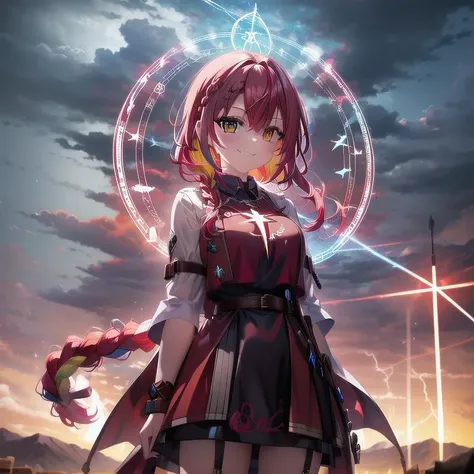 lightning strike, red lightning, 1girl, multicolored hair, evil smirk, lightning, clouds, cloudy, mountain, dark skies, dark, magic, magic circle, heterochromia, (braid:1.2) <lora:magic circle:0.7>, cowboy shot,